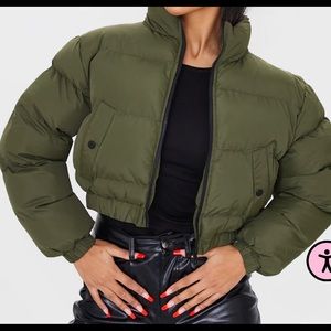 Cropped Olive Green Puffer Jacket PLT Sz 2 US (NEW)